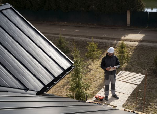 A construction worker in a hard hat stands on a wooden platform next to a metal roof, likely installing Residential Metal Roofs, checking documents or a tablet, with a toolbox nearby and trees in the background.